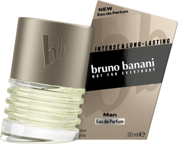Bruno Banani Man woda perfumowana, przechylona butelka z fakturą i złotym korkiem obok brązowego pudełka.