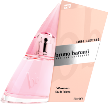 Różowa woda toaletowa Bruno Banani Woman 30ml w skośnej butelce, obok jasne pudełko, widok z przodu.