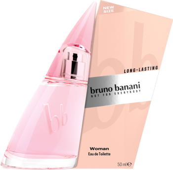 Różowa woda toaletowa Bruno Banani 50ml w skośnej butelce, obok brzoskwiniowe opakowanie. Zapach dla kobiet.