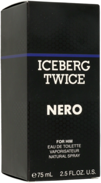 Czarny matowy kartonik perfum Iceberg Twice Nero EDT dla mężczyzn, z subtelnym wzorem i niebieską linią, widok z przodu.