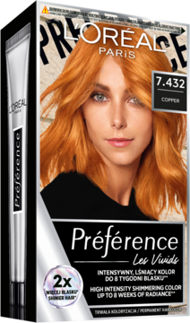 Opakowanie farby do włosów L'Oréal Préférence Les Vivids 7.432 COPPER, z wizerunkiem kobiety o rudych włosach.