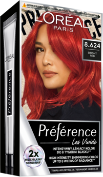 L'Oréal Paris Préférence Les Vivis trwała farba do włosów 8.624 Bright Red, opakowanie z modelką i tubką.