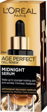 Opakowanie L'Oréal Age Perfect Midnight Serum w złoto-czarnej kolorystyce, z widoczną butelką z pipetą.