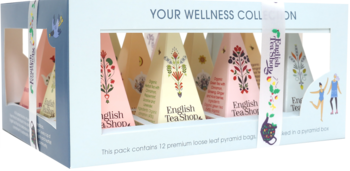 English TeaShop Wellness Collection, niebieskie pudełko prezentowe z 12 herbatami piramidkami, widok z przodu.