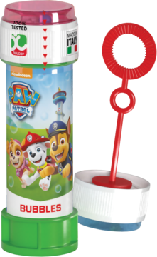 Paw Patrol bańki mydlane: zielono-czerwona butelka z postaciami i czerwoną różdżką obok.