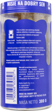 Tył opakowania Misie na Dobry Sen, suplement diety w żelkach, niebieska etykieta i kod kreskowy.