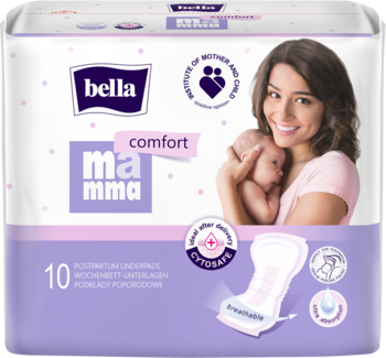 Biało-fioletowe opakowanie Bella Mamma Comfort, 10 sztuk podkładów poporodowych z grafiką matki i dziecka.