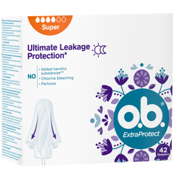 o.b. ExtraProtect Super tampons w białym pudełku, pomarańczowy pasek, kwiaty, Ultimate Leakage Protection.
