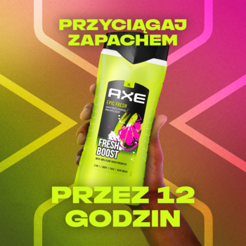 AXE Epic Fresh męski żel pod prysznic 400ml, zielona butelka z różowymi akcentami, trzymana w dłoni na barwnym tle.