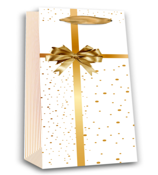 Biała torebka prezentowa ze złotym metalizowanym wzorem, kokardą i szerokim satynowym uchwytem, widok z przodu.