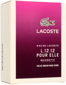 Pudełko perfum Lacoste Pour Elle Magnetic w różowo-fioletowym gradiencie, z logo krokodyla, widok z przodu.