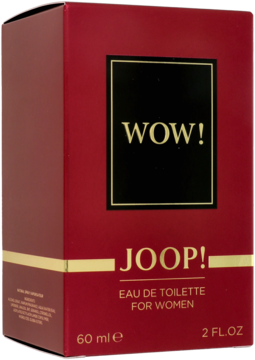Czerwony kartonik JOOP! Wow! Eau de Toilette dla kobiet, z czarną ramką i złotym napisem, widok z przodu.
