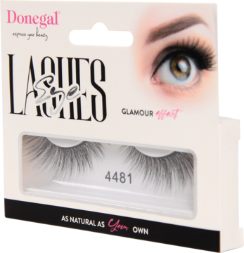 Białe opakowanie sztucznych rzęs Donegal Glamour Effect, model 4481, z widocznymi rzęsami w środku.
