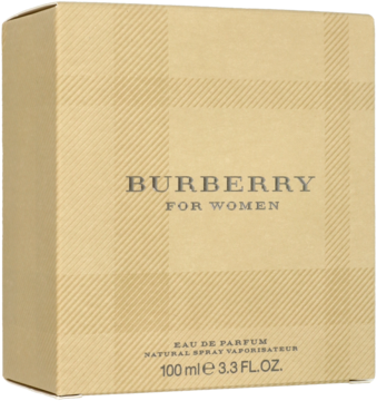 Beżowe pudełko wody perfumowanej Burberry For Women 100ml w kratę, z przodu napis, lekko pod kątem.