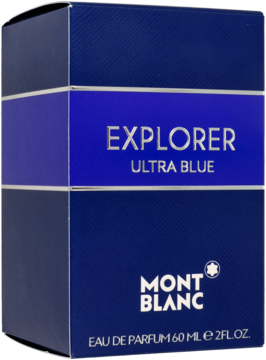 Pudełko perfum Mont Blanc Explorer Ultra Blue, granatowe z jasnoniebieskim pasem, widok z przodu pod kątem.