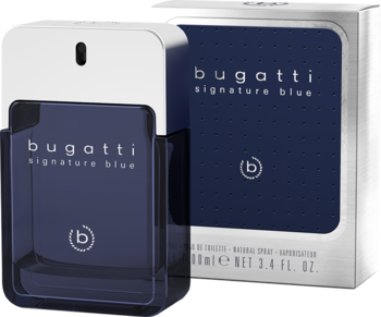 Bugatti Signature Blue, aromatyczno-zielona woda toaletowa, ciemnoniebieska butelka i pudełko, widok z przodu.