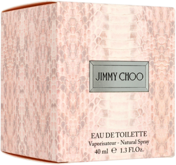 Pudełko Jimmy Choo Eau de Toilette 40 ml, brzoskwiniowe z wzorem skóry węża i srebrną etykietą, widok z przodu.