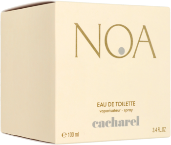 Jasno beżowe pudełko Noa Cacharel Eau de Toilette 100 ml, z napisami w kolorze złotym, widok pod kątem.