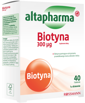 Białe opakowanie Altapharma Biotyne 300 µg, suplementu na włosy, z zielonym logo i pomarańczowym kołem.