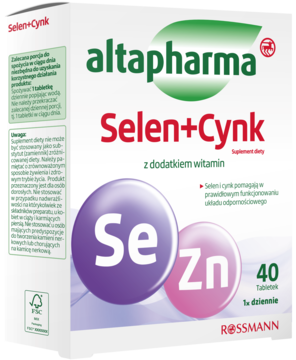 Altapharma Selen+Cynk suplement diety w białym pudełku, widok z przodu, z fioletowym Se i różowym Zn.