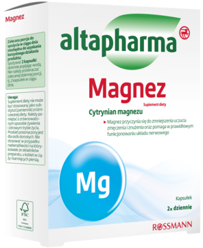 Suplement altapharma Magnez w białym pudełku, z symbolem Mg i napisem "cytrynian magnezu", widok z przodu.
