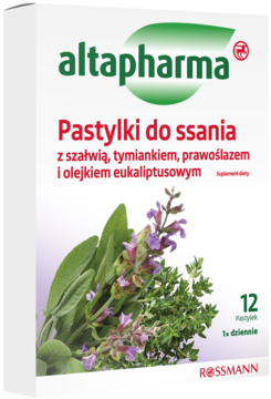 Białe opakowanie Altapharma Pastylki do ssania z szałwią, tymiankiem, prawoślazem, eukaliptusem. Widok z przodu.