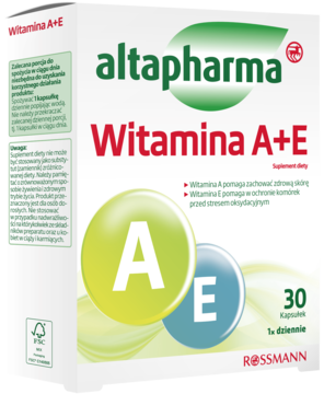 Białe pudełko altapharma Witamina A+E suplementu diety, z żółtym A i niebieskim E, widok z przodu.