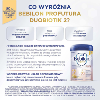 Bebilon Profutura DUOBIOTIK 2, mleko dla niemowląt w białej butelce z logo, na tle infografiki z cechami.