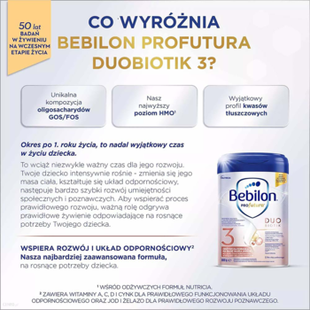 Reklama Bebilon Profutura DUOBIOTIK 3 w niebiesko-białym opakowaniu, z cechami: wsparcie odporności i 50 lat badań.