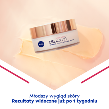 NIVEA Cellular Expert Lift Krem Anti-Age SPF 30, biały słoik z miedzianą pokrywką na pastelowym tle.