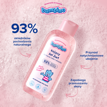 Różowa butelka Bambino Kojący żel 2w1 do mycia dla dzieci, z etykietą, na piankowym tle.