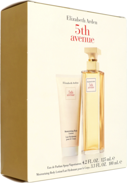 Elizabeth Arden 5th Avenue zestaw prezentowy: perfumy 125ml i balsam 100ml, w beżowym pudełku, widok pod kątem.