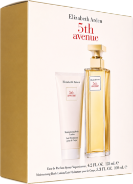 Zestaw prezentowy Elizabeth Arden 5th Avenue: złote perfumy 125ml i biały balsam 100ml, widok z przodu.