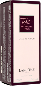 Pudełko perfum Lancôme Trésor Midnight Rose 50ml, pastelowo-różowe, widok z przodu i ciemnego boku.