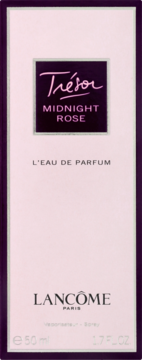 Lancôme Trésor Midnight Rose L'EAU DE PARFUM 50ml, pionowe pudełko, jasnoróżowe z fioletową ramką i nazwą.