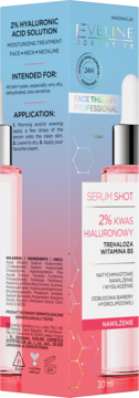Tył i bok różowo-niebieskiego pudełka serum Eveline 2% Kwas Hialuronowy 30ml, z opisem nawilżania.