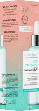 Eveline Serum Shot 10% Niacinamide, cynk serum w różowo-miętowym pudełku, widok z przodu.