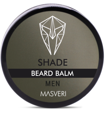 Masveri Shade Beard Balm, okrągła puszka w kolorze oliwkowym z białym logo i czarnym rantem, widok z góry.