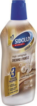 Sidolux Expert Gold płyn do drewna i paneli, biała butelka z niebieską nakrętką, widok z przodu, z naturalnymi woskami.