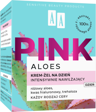 AA Pink Aloes Krem-żel nawilżający na dzień. Turkusowo-różowe pudełko z aloesem, kwasem hialuronowym, widok z przodu.