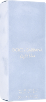 Pudełko perfum Dolce & Gabbana Light Blue 50ml, jasnoniebieskie z marmurkowym wzorem i złotymi napisami, widok z przodu.
