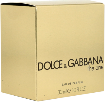 Złote pudełko perfum Dolce & Gabbana The One, 30 ml, widok frontalny pod lekkim kątem.