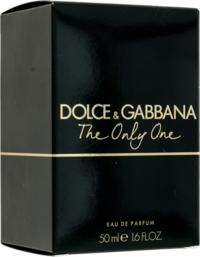Elegancki czarny kartonik perfum Dolce & Gabbana The Only One, złoty napis i linia, widok pod kątem.
