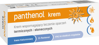 Białe opakowanie kremu Panthenol na oparzenia termiczne i słoneczne, z pomarańczowym napisem, widok z przodu.