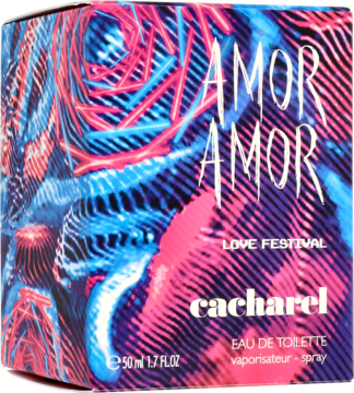 Cacharel Amor Amor Love Festival 50ml, damska woda toaletowa, pudełko z jaskrawym wzorem, widok pod kątem.