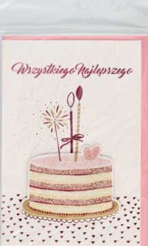 Kartka urodzinowa z jasnoróżowym tortem, świeczkami, iskiernikiem i napisem "Wszystkiego Najlepszego", przód.