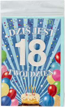 Kartka okolicznościowa na 18. urodziny w folii. Niebieskie pasy, biała "18", napisy: "DZIŚ JEST TWÓJ DZIEŃ", balony, tort.