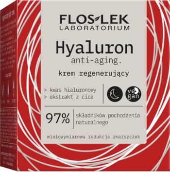 Czerwone pudełko kremu FlosLek Hyaluron anti-aging, widok pod kątem, z napisem 97% składników naturalnych.
