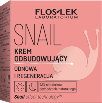 Różowy krem FlosLek Snail Odbudowujący w pudełku, widok z przodu. Zawiera filtrat ślimaka, do regeneracji skóry.
