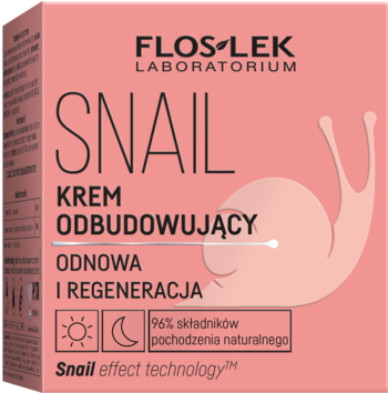 Różowe pudełko Floslek Snail krem odbudowujący do twarzy, z białymi napisami i grafiką ślimaka, widok z przodu.
